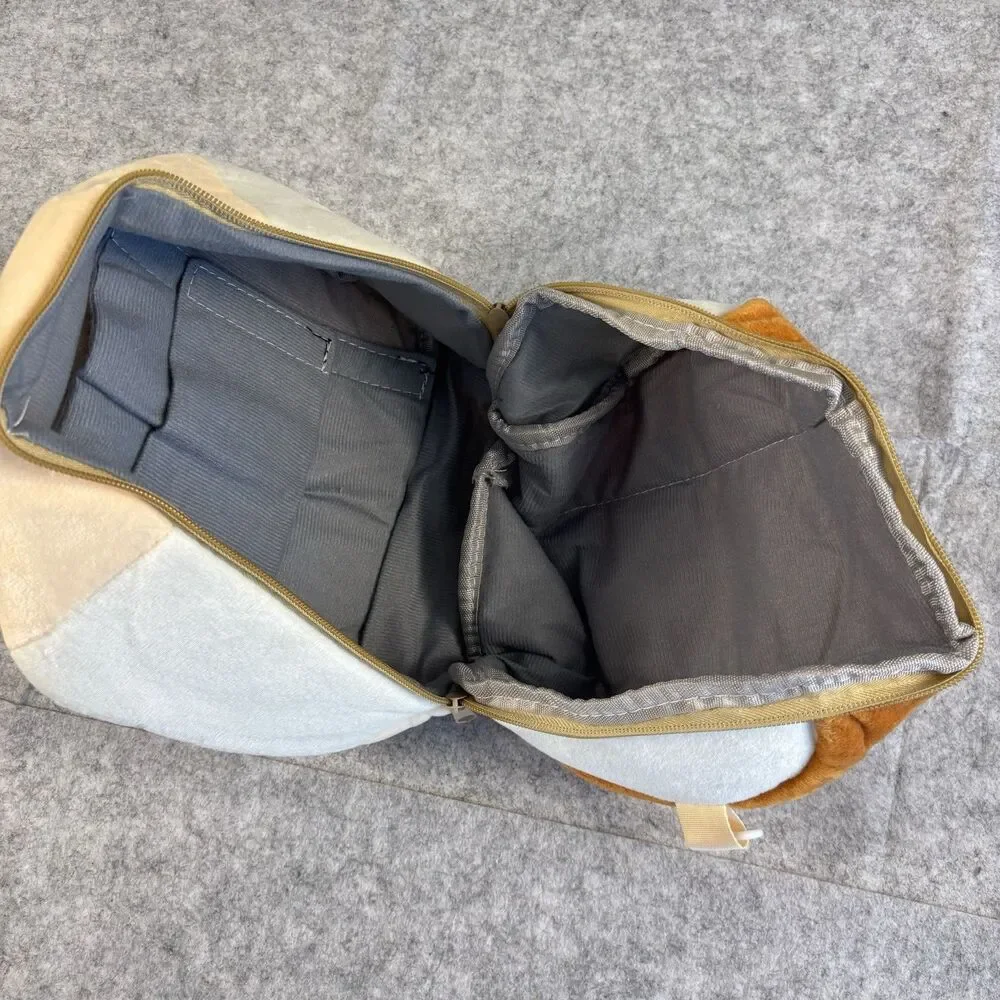 Plush Fuzzy Fleece Brown Beige Collapsible Zip Closure Makeup Bag 10